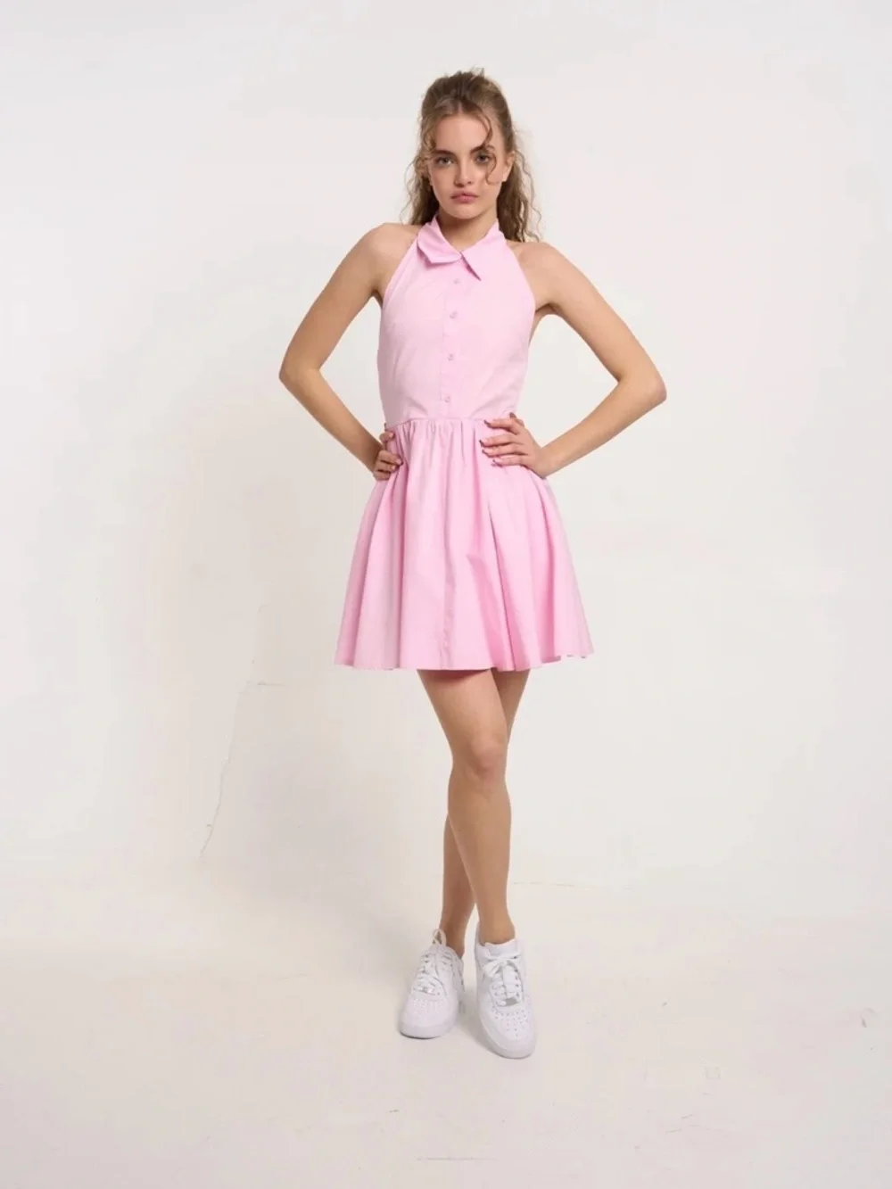Hunter & Brown Pink Halter Fit Flare Dress Medium Cotton Open Back